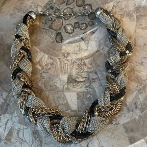 Gold Mesh and Black Stone Woven Necklace